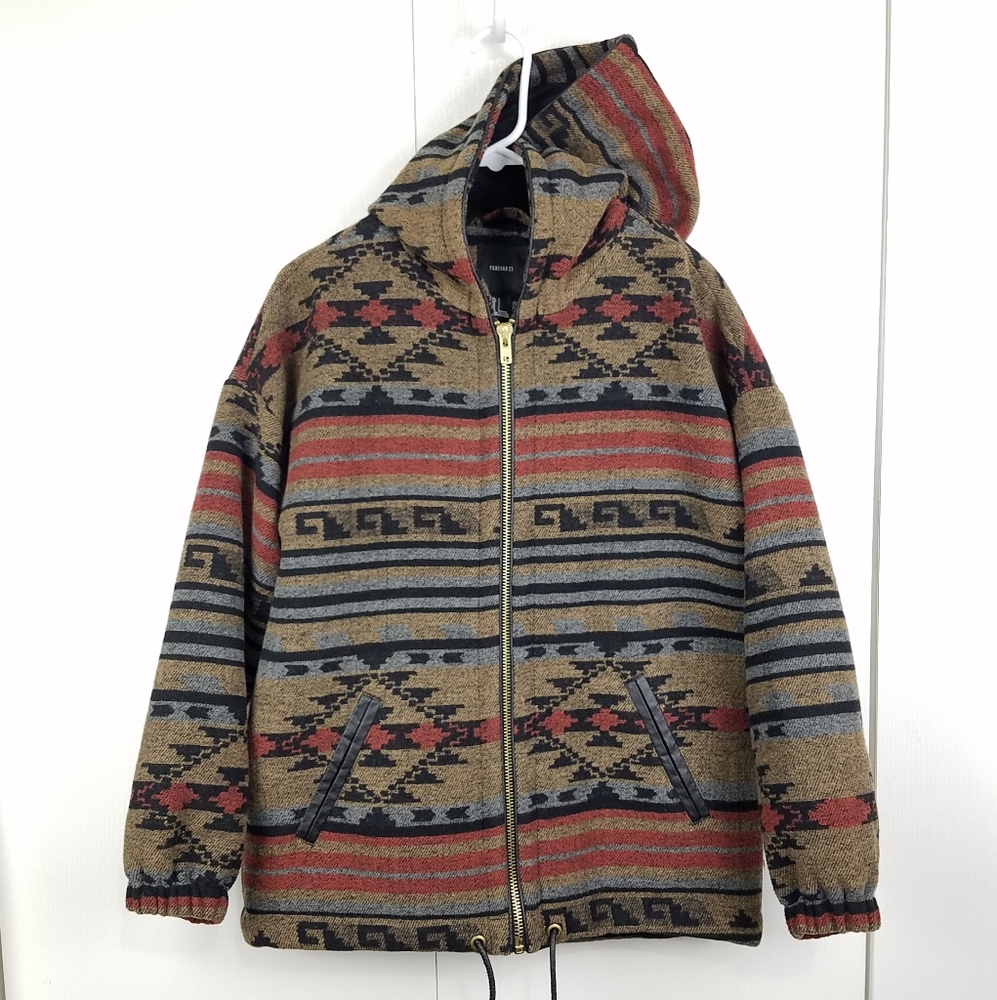 Forever 21 Aztec zip-up hooded bomber jacket sz S